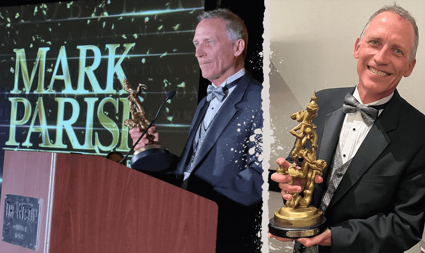 Off the Mark: creator in a tux holds the NCS Reuben Award trophy at a podium and poses with it; large screen behind shows award graphics; close-up shows ornate gold statuette.