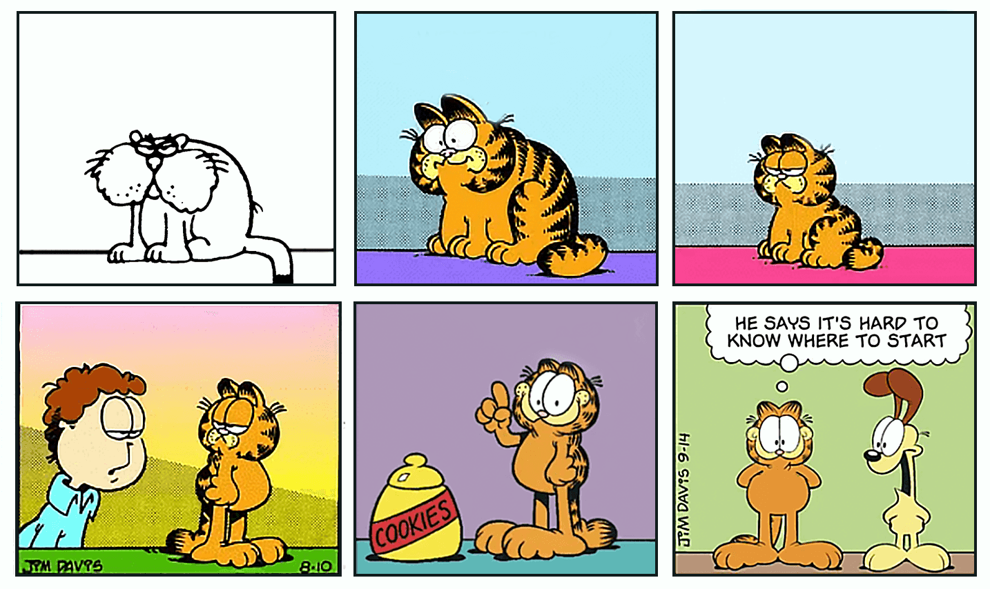 Six images showcasing the evolution of garfield over the years